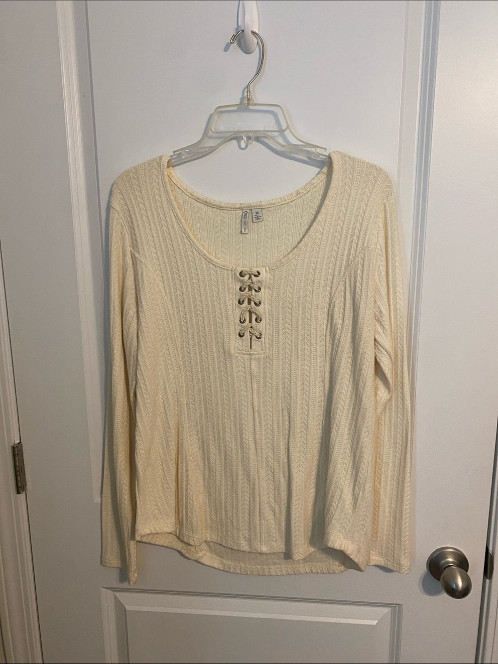 Cato Cream Lace-Up Cable Knit Long Sleeve Top